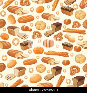 Forno vettoriale senza cuciture con pane cartoon. Illustrazione di prodotti da forno e gustosa panetteria fresca per colazione Illustrazione Vettoriale