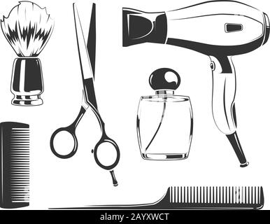 Elementi vettoriali neri per etichette da barbiere. Pettine e forbici, asciugacapelli e sagome vettoriali per testine di rasatura Illustrazione Vettoriale