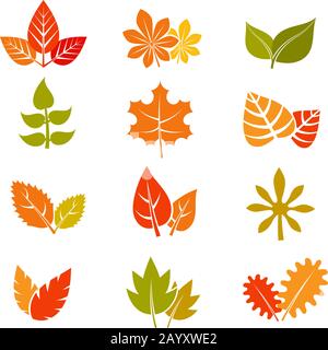 Autunno multicolore foglie piatte icone vettoriali. Collezione Fall feuille foglia. Set di foglie d'autunno, illustrazione foglia d'acero Illustrazione Vettoriale