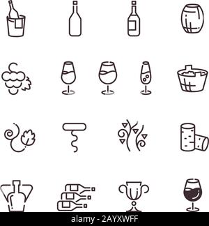 Vino sommelier cantina sottile vettore icone. Calice lineare in vetro e illustrazione di bottiglie Illustrazione Vettoriale