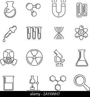 Set di icone della linea sottile del vettore chimica. Illustrazione chimica scientifica e microscopio con matraccio per la chimica dello studio Illustrazione Vettoriale