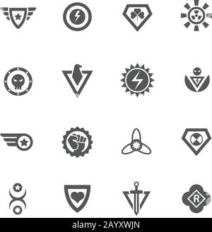 Badge vettoriali supereroi. Proteggi e potenzia i modelli di logo dei supereroi Illustrazione Vettoriale