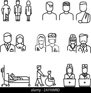 Icone di linea sottile del medico, del paziente e dell'infermiere. Set di medico lineare di stile e l'infermiera, vettore donna e uomo medici illustrazione Illustrazione Vettoriale
