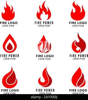 Set di loghi vettoriali con simboli vettoriali antincendio. Immagine dell'icona del logo del fuoco e dell'emblema del fuoco a fiamma Illustrazione Vettoriale