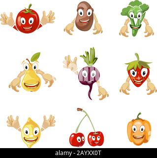 Cute Cartoon verdure e frutta raccolta vettoriale in stile comico. Personaggi comici di frutta e cartoni animati, frutta dolce e verdura con illustrazione del volto Illustrazione Vettoriale