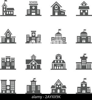 Set di icone vettoriali per edifici scolastici. Architettura della scuola urbana e illustrazione dell'istituto scolastico della struttura Illustrazione Vettoriale