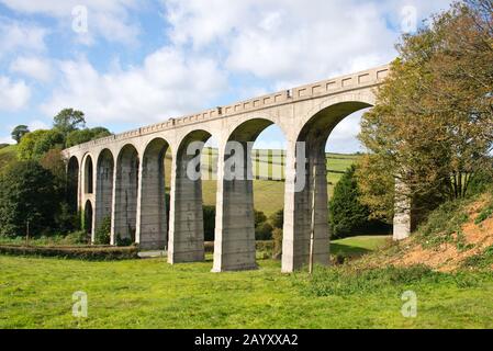 L'imponente viadotto a dieci archi di Cannington sulla disutilizzata linea di diramazione della Axminster & Lyme Regis Light Railway vicino Uplyme nel Devon orientale. Foto Stock