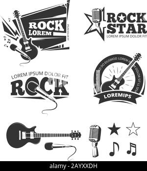 Negozio di musica rock, studio di registrazione, karaoke club etichette vettoriali, distintivi, emblemi logo con strumento musicale. Illustrazione di chitarra e microfono Illustrazione Vettoriale