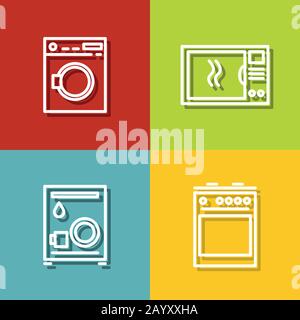 Icone di elettrodomestici in stile linea su sfondo a colori. Attrezzatura per cucina, illustrazione vettoriale Illustrazione Vettoriale