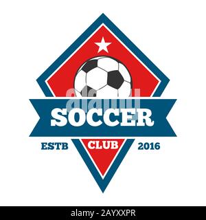 Logo Vector soccer, badge, emblema in rosso e blu. Logo di calcio e banner Illustrazione Vettoriale
