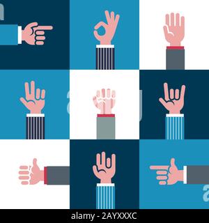 Icone e simboli vettoriali per le mani, emoji, gesti delle mani, segnali e segni diversi Illustrazione Vettoriale