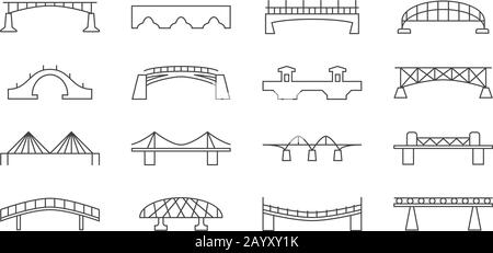 Collega le icone delle linee sottili vettoriali. Set di ponti in stile lineare, illustrazione di ponti per il trasporto Illustrazione Vettoriale