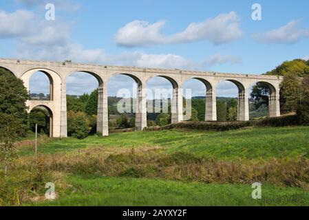 L'imponente viadotto a dieci archi di Cannington sulla disutilizzata linea di diramazione della Axminster & Lyme Regis Light Railway vicino Uplyme nel Devon orientale. Foto Stock