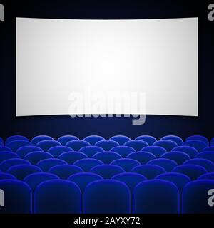 Cinema cinema vettore interno teatro. Interno per cinema con sedia blu, illustrazione sala cinema vuota Illustrazione Vettoriale