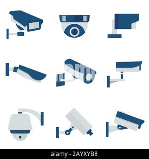 Set di icone vettoriali per telecamere di sicurezza CCTV. Sistema di sicurezza cctv e sorveglianza con cctv per la protezione illustrazione Illustrazione Vettoriale