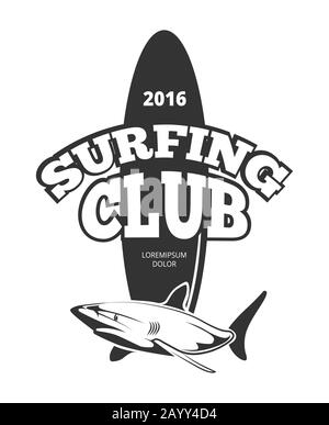 Logo del club di surf con bordo e squalo. Tavola da surf con emblema vintage, illustrazione vettoriale Illustrazione Vettoriale