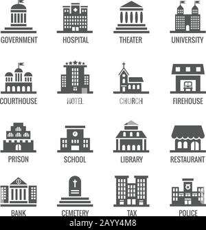 Icone vettoriali per edifici pubblici e governativi impostate. Icona di costruzione Imposta pubblico e architettura edificio governo città illustrazione Illustrazione Vettoriale