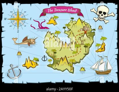 Mappa dei colori del tesoro dei pirati vettoriali. Mappa dei pirati e mare avventura, esplorare la mappa con l'illustrazione del tesoro Illustrazione Vettoriale