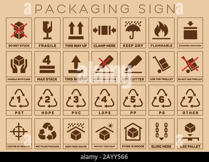Etichette di imballaggio o simboli di imballaggio. Simbolo di imballaggio standard e pacchetto di cura. Illustrazione del vettore Illustrazione Vettoriale