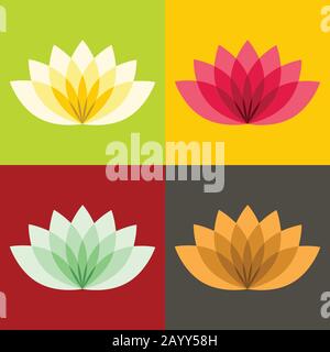 Fiori lotos piatti su sfondo colorato. Pianta floreale in fiore, illustrazione vettoriale Illustrazione Vettoriale