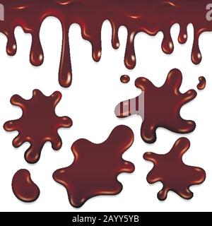 Gocce e macchie realistiche al cioccolato. Illustrazione vettoriale delle gocce di cioccolato al latte appiccicoso Illustrazione Vettoriale