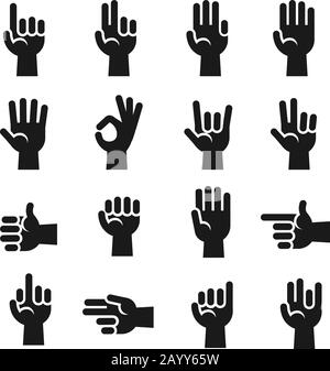 Le icone delle mani impostano il conteggio delle dita, il gesto di arresto, le corna del diavolo, OK, v segno vettore impostato. Mano umana e gesto di comunicazione con illustrazione della mano Illustrazione Vettoriale