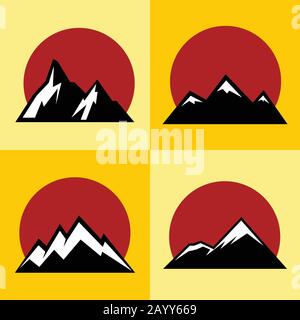 Icone piatte di montagna con sole rosso su sfondo giallo. Logo turismo e alpinismo, illustrazione vettoriale Illustrazione Vettoriale