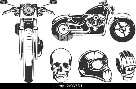 Elementi per etichette per motocicli vettoriali vintage. Moto e cranio, guanti e casco da moto Illustrazione Vettoriale