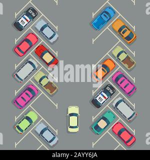 Auto parcheggiate sul parcheggio vista dall'alto, concetto di trasporto urbano Vector.Parcheggio auto e posto vuoto per il trasporto illustrazione parcheggio Illustrazione Vettoriale