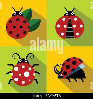Icone Ladybug in stile piatto su sfondo a colori. Set di insetti, illustrazione vettoriale Illustrazione Vettoriale