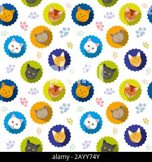 Cute gatti vettore senza cuciture modello. Animale gatto con paws colorati stampe, sfondo con testa gatti illustrazione Illustrazione Vettoriale