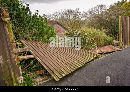 Cardiff, GALLES - FEBBRAIO 2020: Recinzione in legno da giardino distrutta dai forti venti di una tempesta invernale Foto Stock