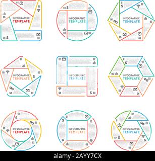 Elementi vettoriali infografiche di linea sottile per la presentazione aziendale con opzioni fasi e processi di parti. Grafici di illustrazione in forma esagonale, pentagono e quadrato Illustrazione Vettoriale