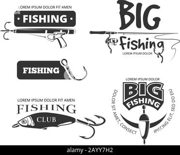 Marchio vettore, etichette, loghi, emblemi. Etichetta e icona per il club di pesca, pesca e attrezzatura per la pesca illustrazione Illustrazione Vettoriale