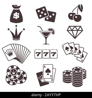 Gioco d'azzardo, e gioco di carte da poker, casinò fortuna vettore icone set. Gioca nei dadi e nell'illustrazione del blackjack Illustrazione Vettoriale