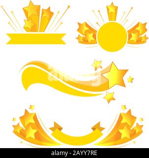 Nastri per striscioni di etichette vettoriali con stelle a raffica. Etichetta con stella d'oro e simbolo di illustrazione con stella di esplosione Illustrazione Vettoriale