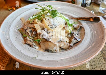 Tagliatelle con filetto di manzo, funghi portobello con peperoncino e salsa cremosa al tartufo Foto Stock