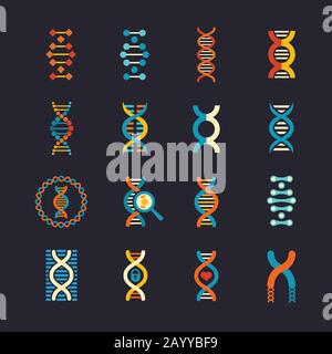 Set di icone piatte per vettori genetici DNA. Segno della biotecnologia del DNA, illustrazione della molecola di dna della struttura Illustrazione Vettoriale