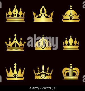 Immagine vettoriale Golden Crown Set su sfondo scuro Illustrazione Vettoriale