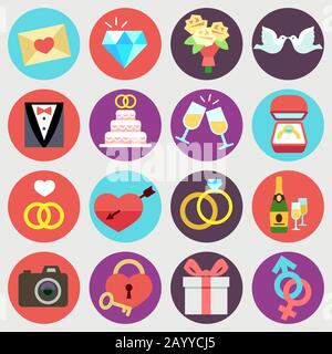 Matrimonio matrimonio vettore nuziale icone piatte. Set di elementi per matrimoni isolati in cerchi, illustrazione di segni per matrimoni Illustrazione Vettoriale