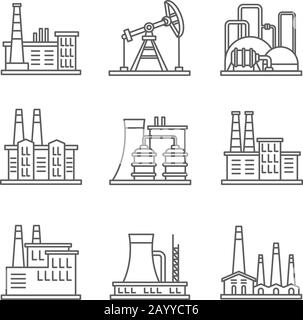 Icone vettoriali per linee sottili per impianti industriali pesanti e fabbriche. Set di fabbrica nucleare, illustrazione industria di energia di fabbrica Illustrazione Vettoriale