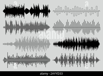 Impostazione del vettore onde sonore. Tecnologia audio pulsazioni musicali o diagrammi sonori. L'equalizzatore riproduce onde sonore Illustrazione Vettoriale