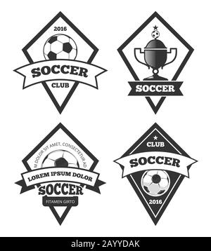 Collezione modelli logo calcio bianco isolato. Etichetta della squadra di calcio o di calcio, illustrazione vettoriale Illustrazione Vettoriale