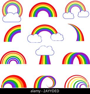 Icone vettore arcobaleno. Arcobaleno multicolore Arch, illustrazione di arcobaleno colorato con nube Illustrazione Vettoriale