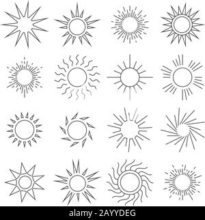 Icone vettoriali della linea Sun. Sole naturale in stile lineare, clima caldo sole illustrazione Illustrazione Vettoriale