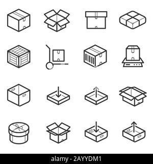 Serie di vettori di icone sottili della linea del pacchetto. Scatole, casse, contenitori e imballaggi per la spedizione. Illustrazione confezione per consegna e trasporto Illustrazione Vettoriale