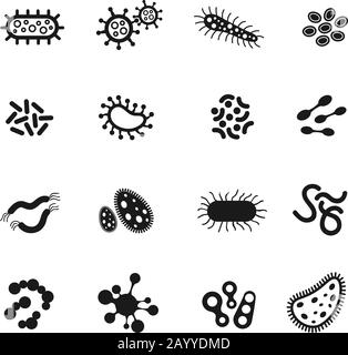 Batteri, microbi, superbug, icone dei vettori di virus. Medicina dei batteri e infezione del virus di biologia scientifica, illustrazione del set dei batteri microscopici Illustrazione Vettoriale