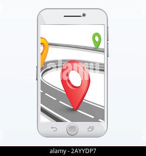 Vettore app per smartphone GPS. Strada e pin sullo schermo dello smartphone Illustrazione Vettoriale