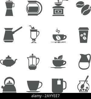 Caffè tazza e tè icone vettore. Tazza con cappuccino caldo, tazza grande con caffè espresso per la colazione Illustrazione Vettoriale