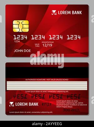 Carte di credito due lati disegno vettore illustrazione per il vostro commercio. Carta elettronica per operazioni bancarie e banca di carte di plastica Illustrazione Vettoriale